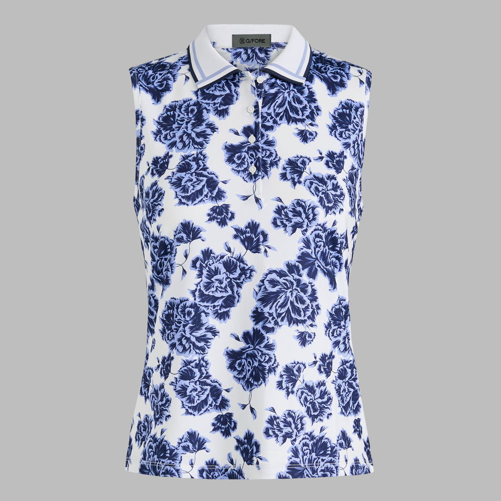 STAMPED FLORAL TECH JERSEY SLEEVELESS POLO