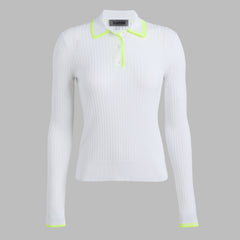 RIBBED KNIT LONG SLEEVE POLO SWEATER
