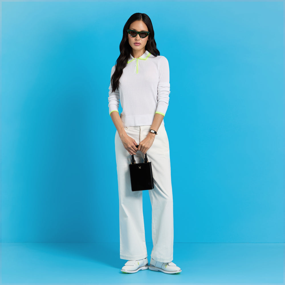 RIBBED KNIT LONG SLEEVE POLO SWEATER