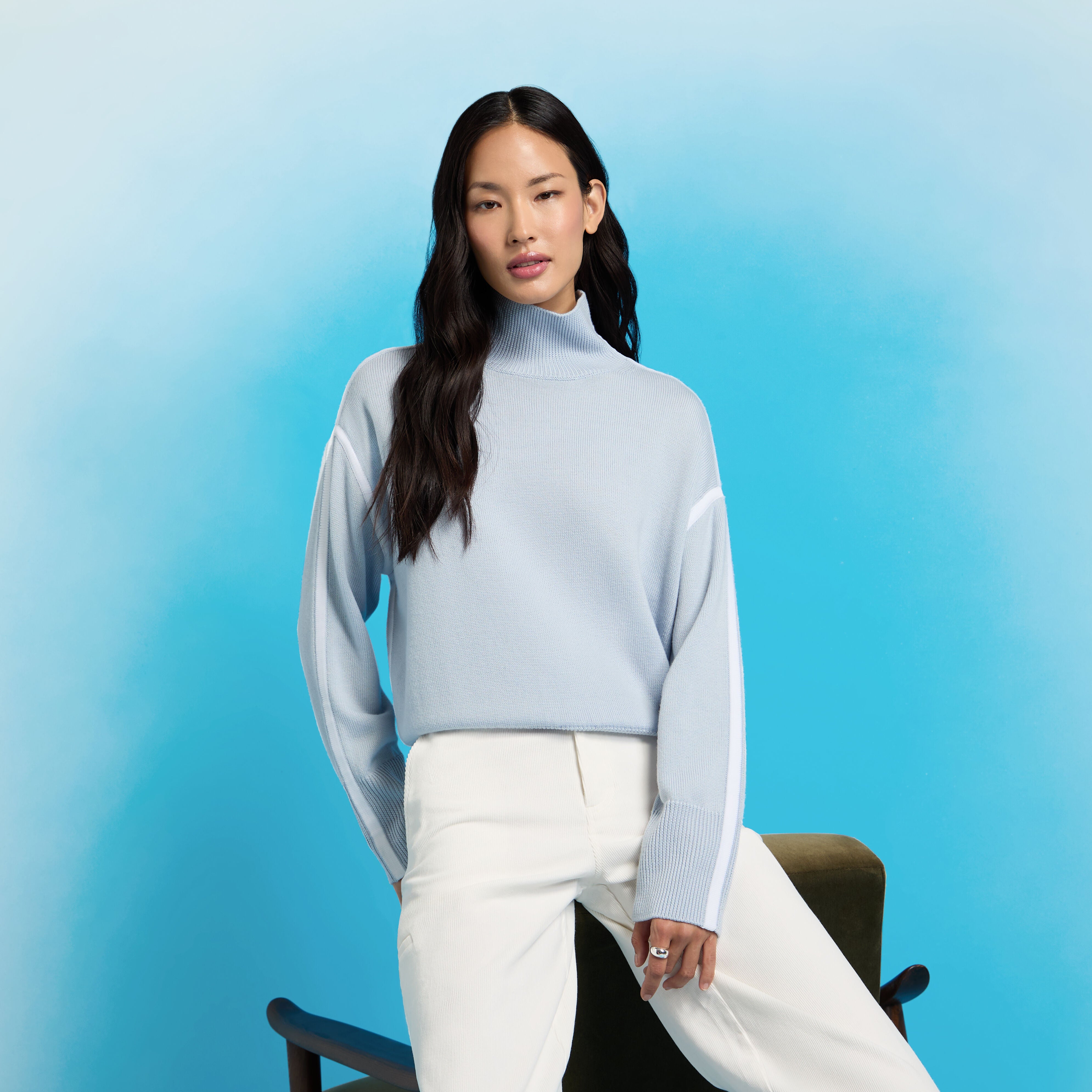 MERINO WOOL CONTRAST STRIPE TURTLENECK SWEATER